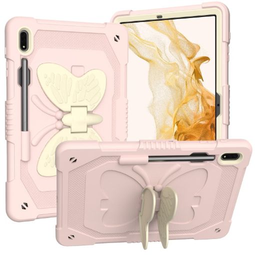 Samsung Galaxy Tab S9+ Rugged Case with Butterfly Kickstand (Beige/Rose Pink) - 1