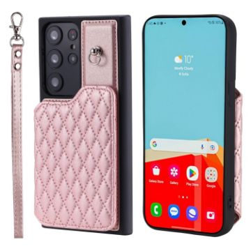 Samsung Galaxy S23 Ultra 5G Rose Gold Grid Texture Case with Lanyard - 1
