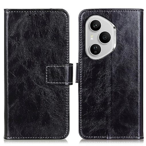 For Honor 400 Pro Global Retro Flip Leather Phone Case Black 160.8mm - 1