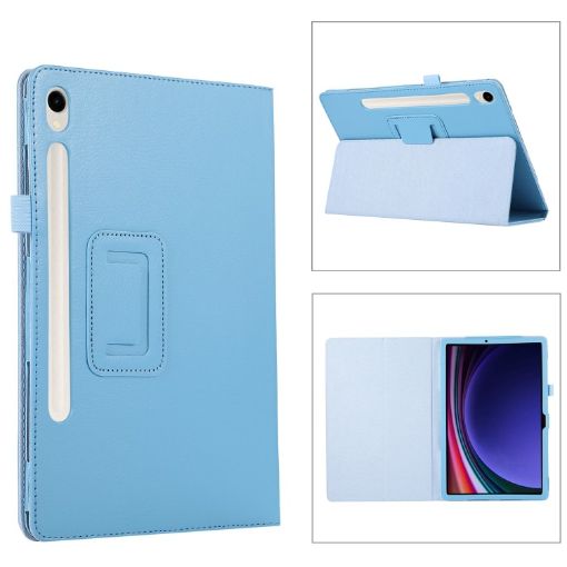 Samsung Galaxy Tab S9 Ultra Sky Blue Litchi Leather Case with Holder - 1