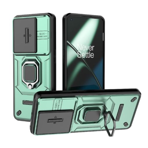 OnePlus 11 5G Green Shockproof Case with Holder - Sliding Camshield TPU+PC - 1