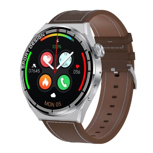 HDT MAX 1.60" Silver Dial Leather Band IP68 Waterproof Smart Watch Brown - 1