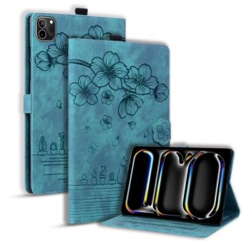 iPad Pro 13 2024 Green Cartoon Sakura Cat Leather Tablet Case - 1