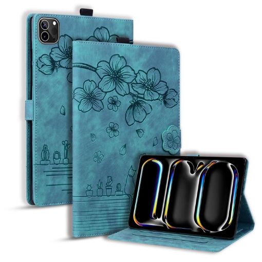 iPad Pro 13 2024 Green Cartoon Sakura Cat Leather Tablet Case - 1