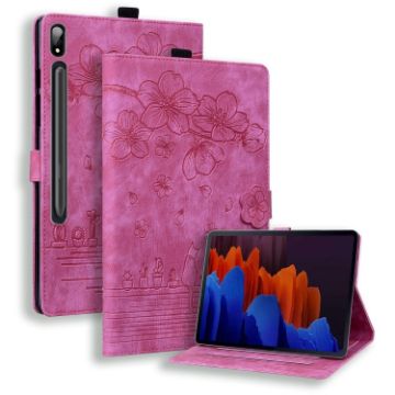 Samsung Galaxy Tab S9+/S8+/S7+ Sakura Cat Leather Case Rose Red - 1