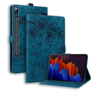 Samsung Galaxy Tab S9+/S8+/S7+ Sakura Cat Leather Case (Blue) - 1