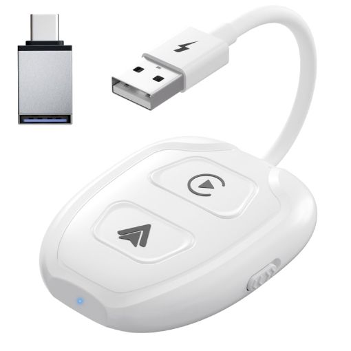 USB + USB-C Wired to Wireless Carplay/Android Auto Adapter - White - 1