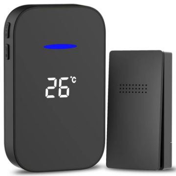 Wireless Doorbell with Temperature Display & Elderly Pager, EU Plug, Black - 1