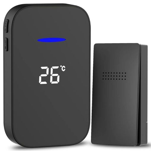 Wireless Doorbell with Temperature Display & Elderly Pager, UK Plug, Black - 1
