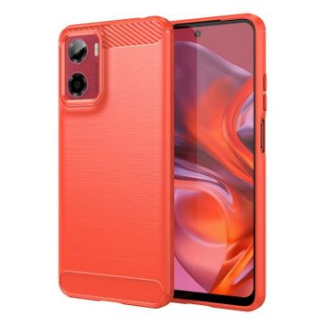 Moto E15 Red TPU Phone Case - Carbon Fiber Brushed Texture Cover - 1