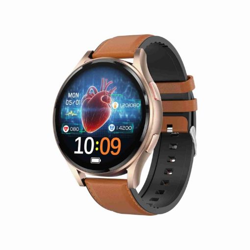 1.43" Leather Strap Smart Watch with Bluetooth Call, ECG, Blood Sugar - Brown - 1