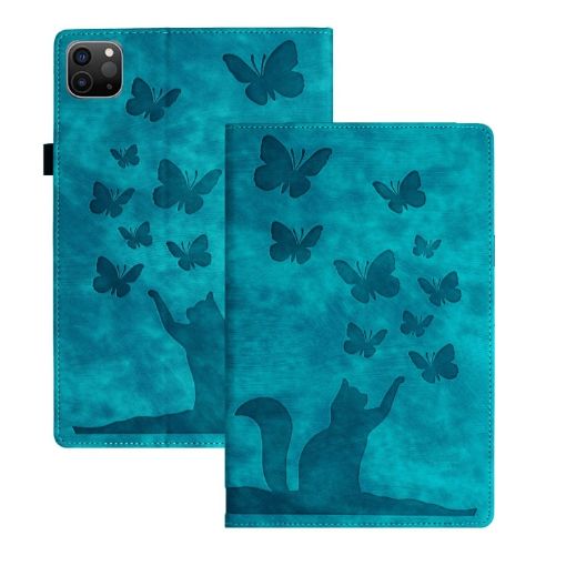 iPad Pro 13 2024 Sky Blue Butterfly Cat Embossed Leather Case - 1