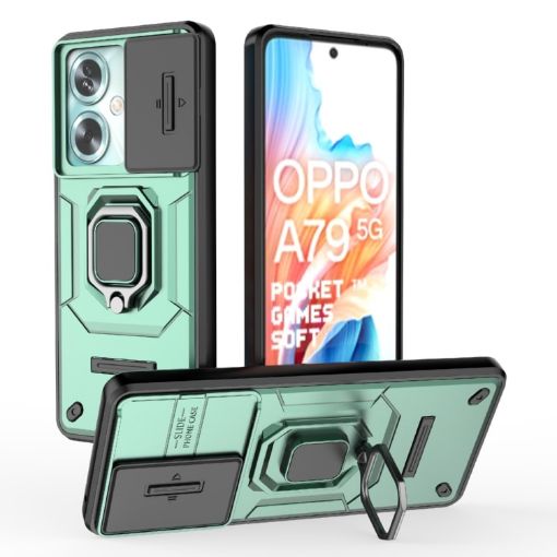 OPPO A79 5G Shockproof Phone Case with Holder - Green Camshield TPU+PC - 1