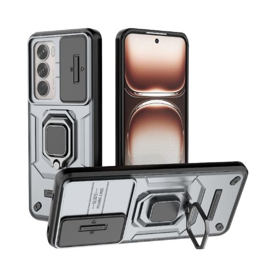 OPPO Reno12 Global Grey Shockproof Phone Case with Holder - Camshield TPU+PC - 1