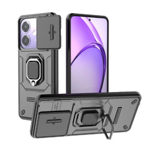 OPPO A3X 5G Shockproof Phone Case with Holder - Black Camshield TPU+PC - 1