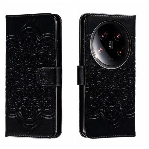 Xiaomi 14 Ultra Black Leather Case - Sun Mandala Embossing Pattern - 1