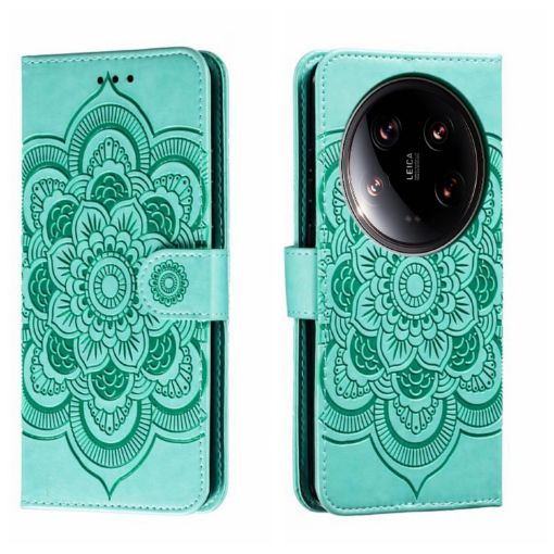 Xiaomi 14 Ultra Green Sun Mandala Embossed Leather Phone Case - 1