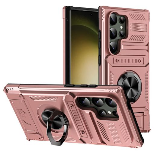 Samsung Galaxy S24 Ultra 5G Shockproof Card Case with Ring Holder, Rose Gold - 1