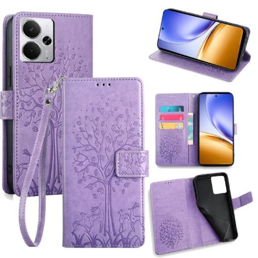 Realme 14 5G Purple Tree & Deer Embossed Leather Phone Case - 1
