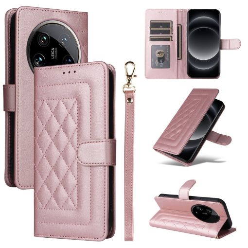 Xiaomi 14 Ultra Rose Gold Diamond Lattice Leather Flip Case - 1