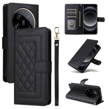 Xiaomi 14 Ultra Black Diamond Lattice Leather Flip Phone Case - 1