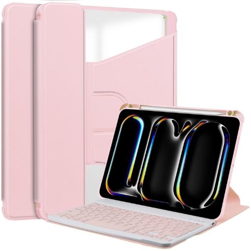 iPad Pro 13 2024 Pink Transparent Rotation Leather Case with Keyboard - 1