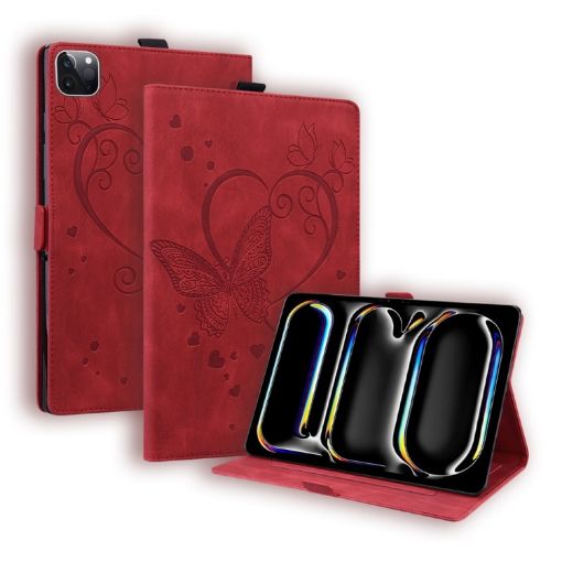 iPad Pro 13 2024 Red Love Butterfly Embossed Leather Tablet Case - 1