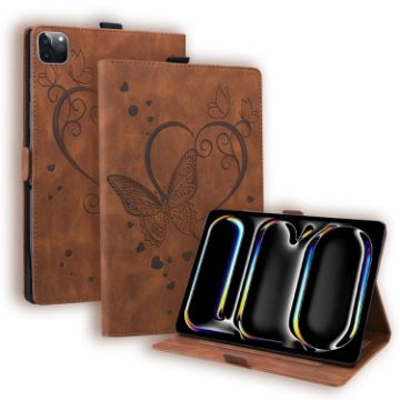 iPad Pro 13 2024 Brown Love Butterfly Embossed Leather Case - 1