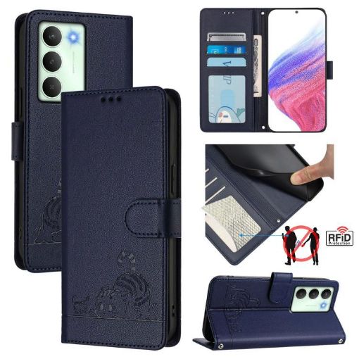 Realme V70/14x/C75 5G Cat Rat Embossed RFID Leather Case Blue - 1