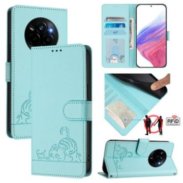 Realme Narzo 80/14 Pro 5G Cat Rat Embossed RFID Leather Case Mint Green - 1