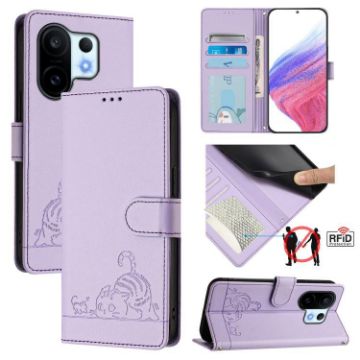 Vivo S30 Pro Mini Cat Rat Embossed RFID Leather Case with Lanyard Purple - 1