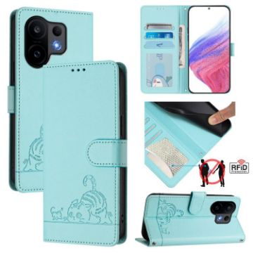 Vivo S30 Mint Green Cat Rat Embossed RFID Leather Case with Lanyard - 1