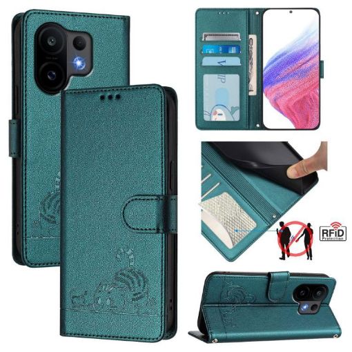 Vivo S30 Peacock Green Cat Rat Embossed RFID Leather Case with Lanyard - 1