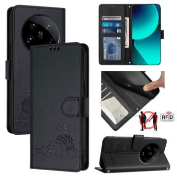 Xiaomi 14 Ultra 5G Black RFID Leather Case with Cat Rat Pattern & Lanyard - 1