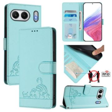 OnePlus Nord 4 5G Mint Green Cat Rat Embossed RFID Leather Case - 1