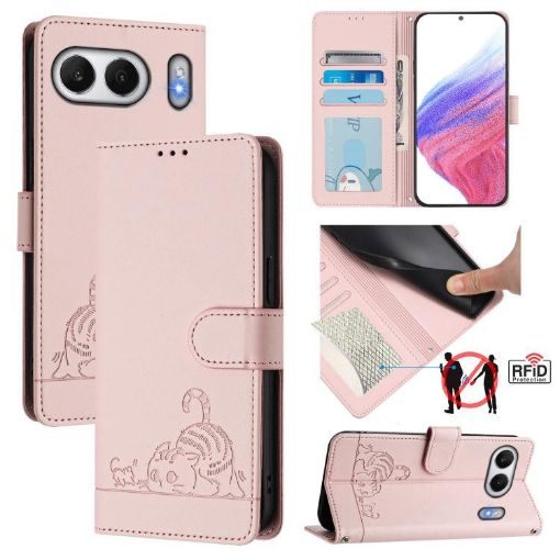 OnePlus Nord 4 5G Pink Cat Rat Embossed RFID Leather Case with Lanyard - 1