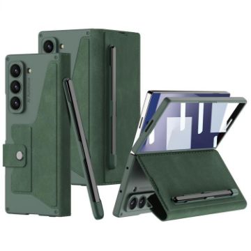 Galaxy Z Fold7 5G GKK Armor Flip Leather Case with Pen Slot - Green - 1