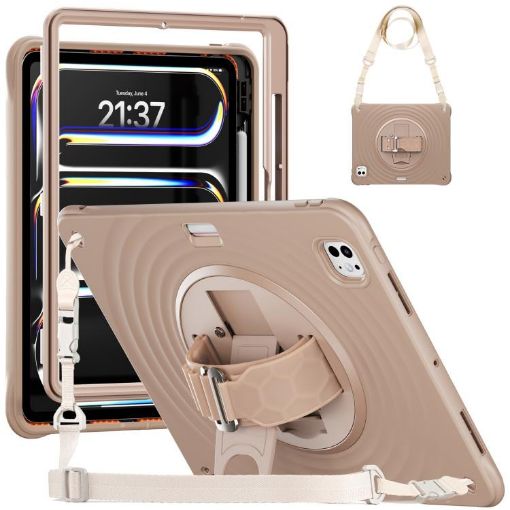 iPad Pro 13 2024 Silicone Hybrid PC Case with Rotation Holder (Light Coffee) - 1