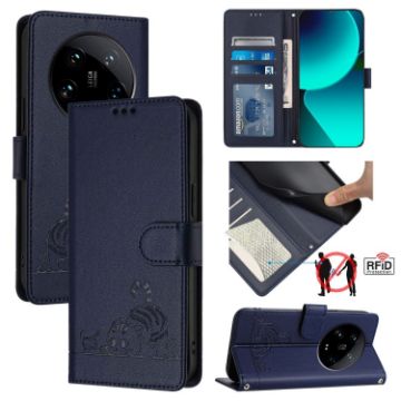 Xiaomi 14 Ultra 5G Blue Cat Rat Embossed RFID PU Case with Strap - 1
