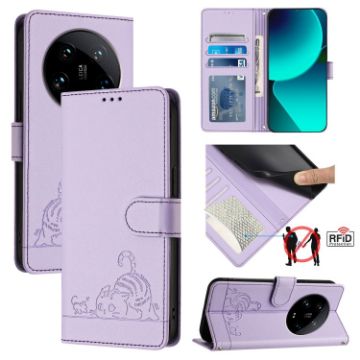 Xiaomi 14 Ultra 5G Purple Cat Rat Embossed RFID PU Case with Strap - 1