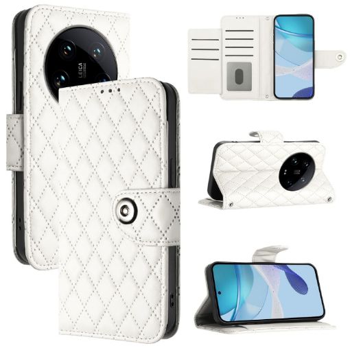 Xiaomi 14 Ultra White Rhombic Texture Flip Leather Case with Lanyard - 1