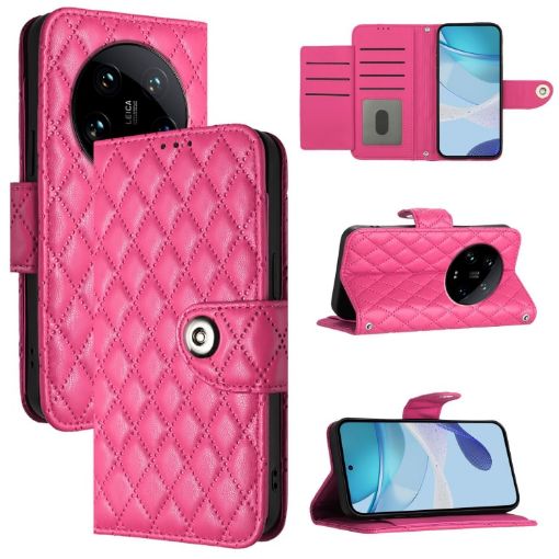 Xiaomi 14 Ultra Rose Red Rhombic Texture Flip Leather Case with Lanyard - 1