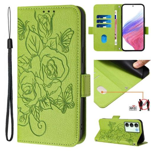 Realme 14x/V70/C75 5G Green Embossed Rose RFID Leather Phone Case - 1