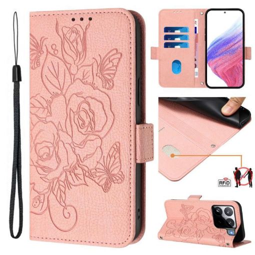 Xiaomi 15S Pro 5G Pink Embossed Rose RFID Leather Phone Case - 1