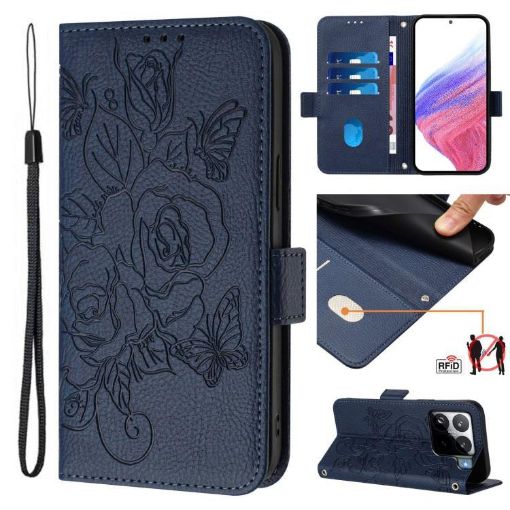 Xiaomi 15S Pro 5G Dark Blue Embossed Rose RFID Leather Phone Case - 1