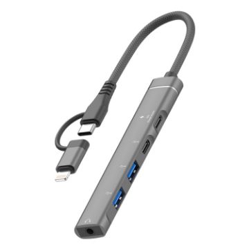 5 in 2 Multi-function HUB Adapter, USB-C/Type-C + 8 Pin, Grey - 1