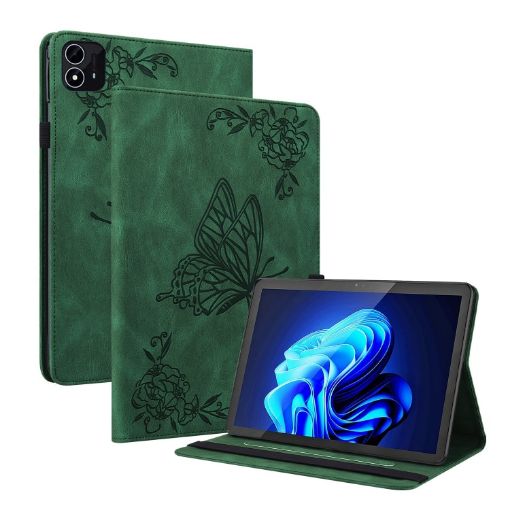 itel Pad One 10.1 Green Leather Tablet Case - Butterfly Flower Embossed - 1