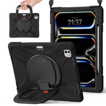 iPad Pro 13 2024 Silicone Hybrid Case with Holder & Strap (Black) - 1