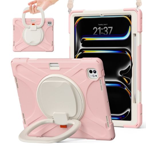 iPad Pro 13 2024 Silicone Hybrid Case with Holder & Strap - Pink - 1