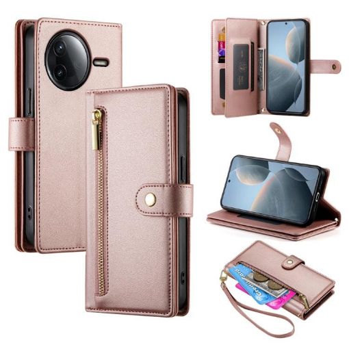 Redmi K80/K80 Pro Pink Leather Phone Case with Nine Card Slots & Zipper - 1